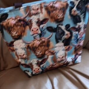 HIGHLAND COW Print Fabric Tote Bag in Blue and Brown